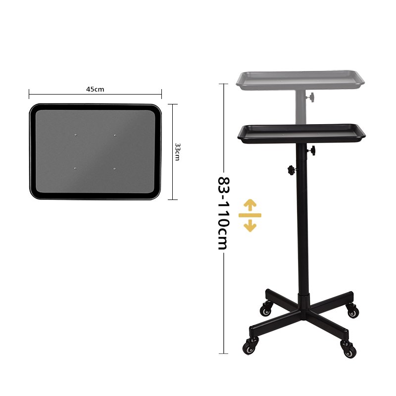 Salon Working Trolleys Adjustable Height Black Hair Salon Trolley Hairdressing Cart Tray with Wheels