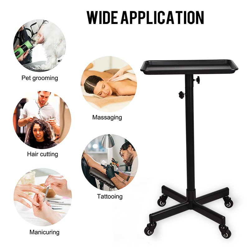 Salon Working Trolleys Adjustable Height Black Hair Salon Trolley Hairdressing Cart Tray with Wheels