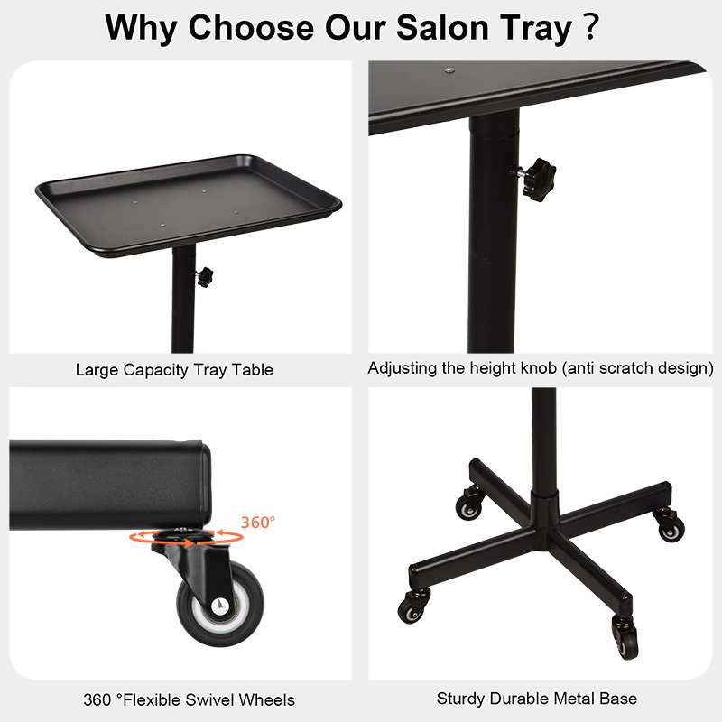 Salon Working Trolleys Adjustable Height Black Hair Salon Trolley Hairdressing Cart Tray with Wheels