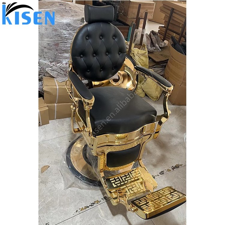 Kisen hair salon furniture factory high quality luxury vintage hair cut styling rose gold sliver metal black barber chair onsale