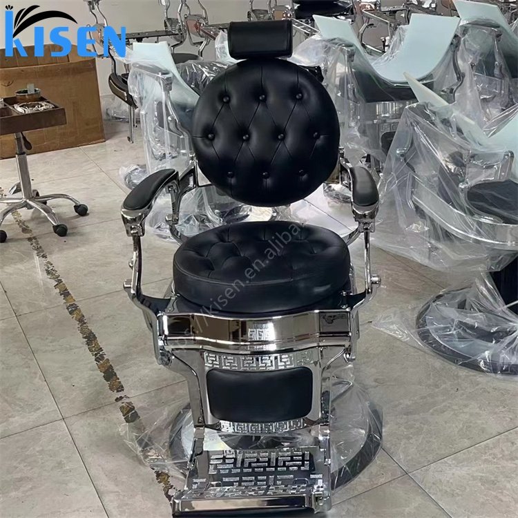 Kisen hair salon furniture factory high quality luxury vintage hair cut styling rose gold sliver metal black barber chair onsale