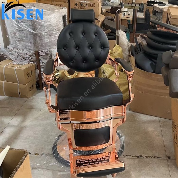 Kisen hair salon furniture factory high quality luxury vintage hair cut styling rose gold sliver metal black barber chair onsale