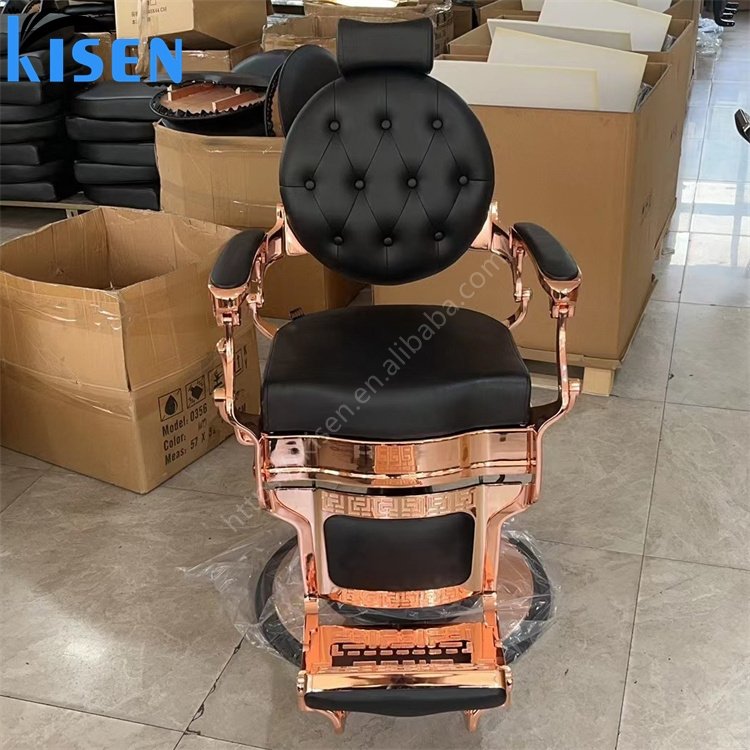 Kisen hair salon furniture factory high quality luxury vintage hair cut styling rose gold sliver metal black barber chair onsale