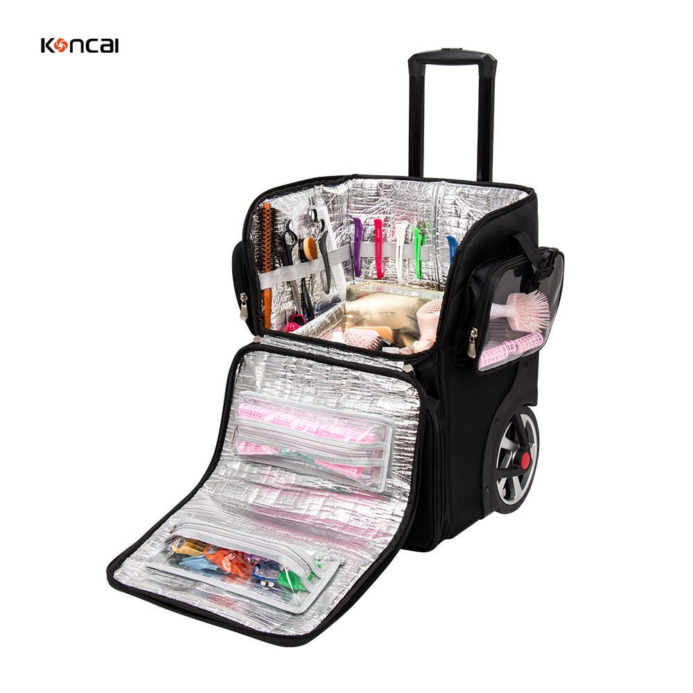 KONCAI Hair Salon Bag 2 In 1 Large Wheels Rolling Trolley Case Travel Makeup Suitcase Hairdressing Barber Bag For Hairdresser