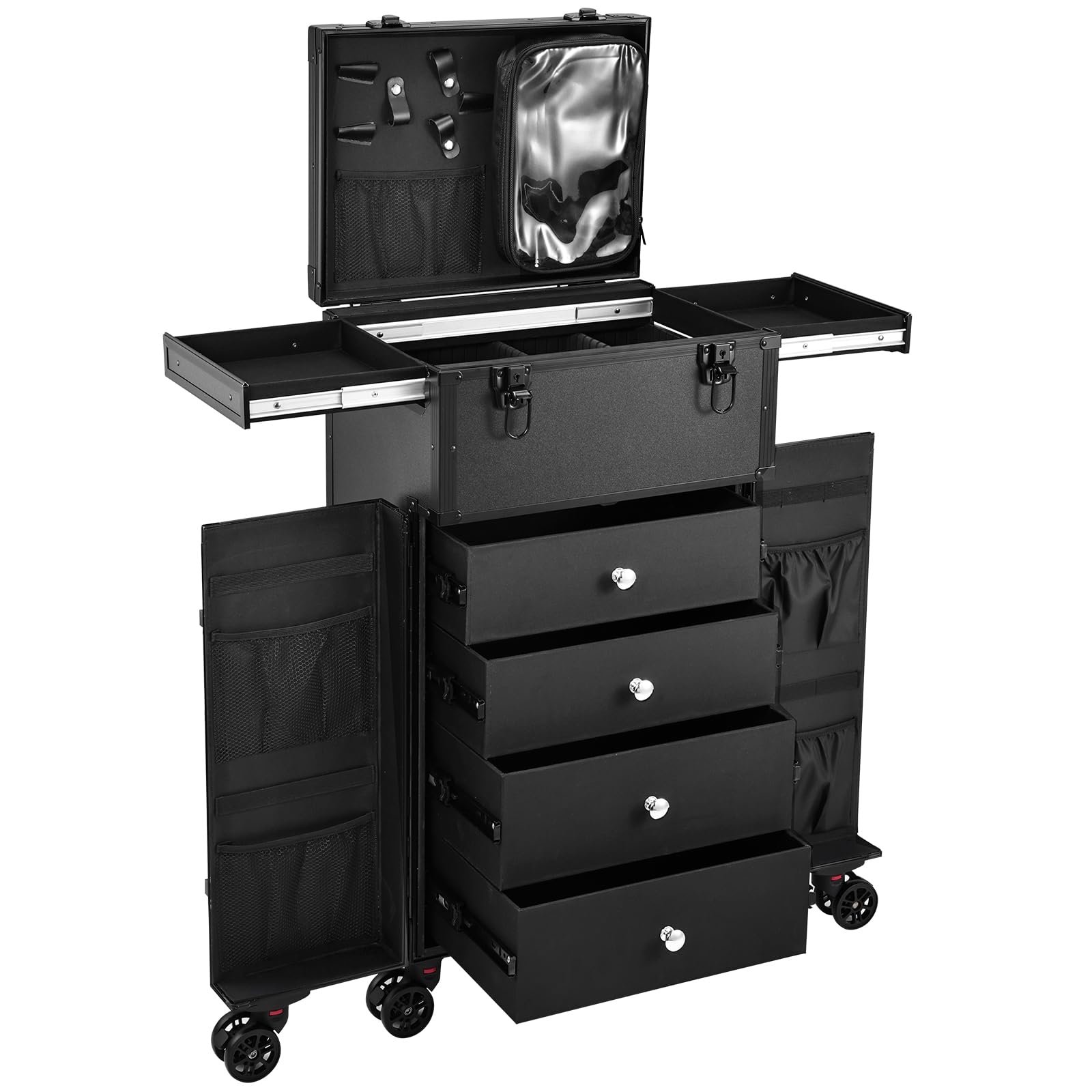Hairstylist Travel Case Portable Make Up Station Pro Makeup Artist Cosmetic Train Case 4 Drawer Professional Rolling Makeup Case