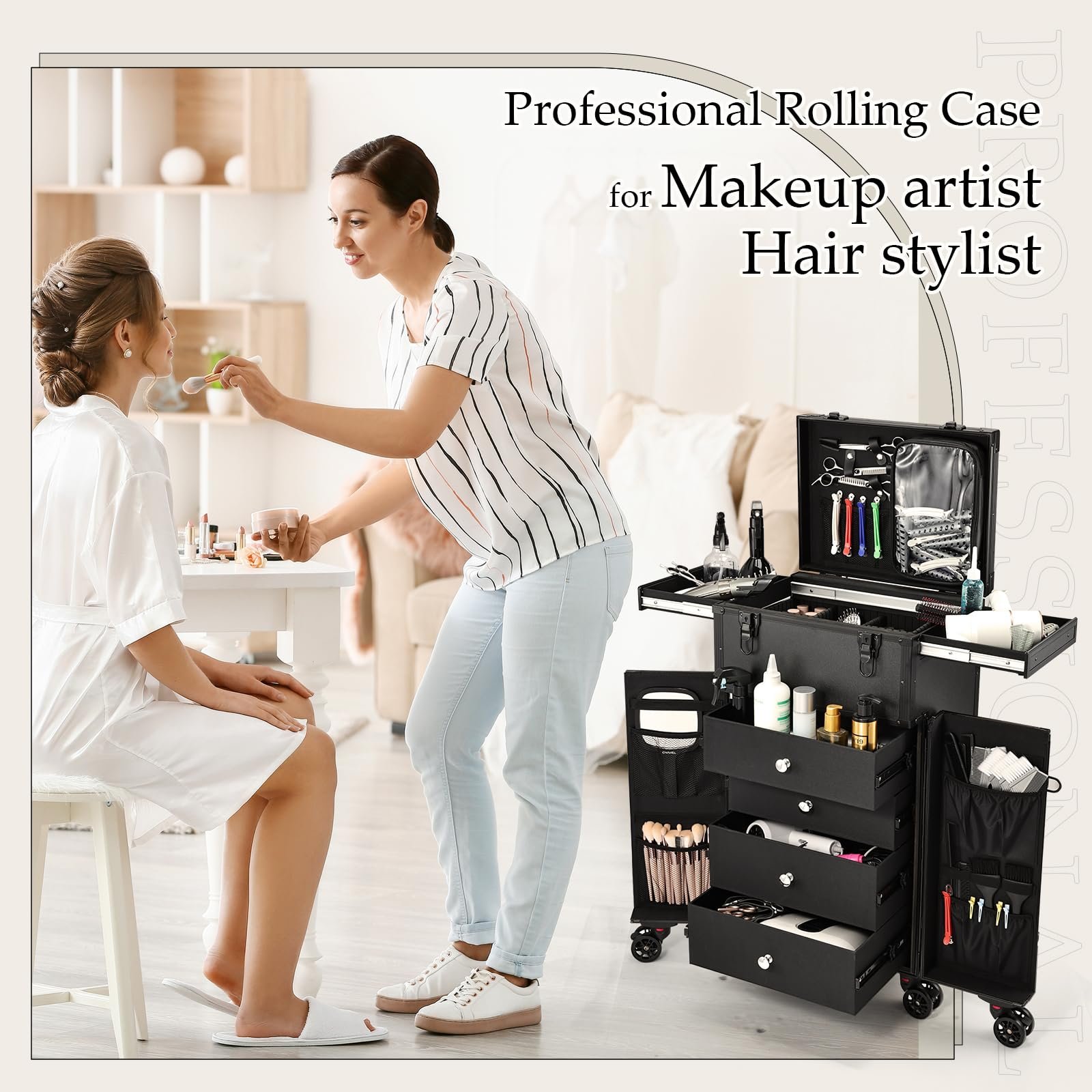 Hairstylist Travel Case Portable Make Up Station Pro Makeup Artist Cosmetic Train Case 4 Drawer Professional Rolling Makeup Case