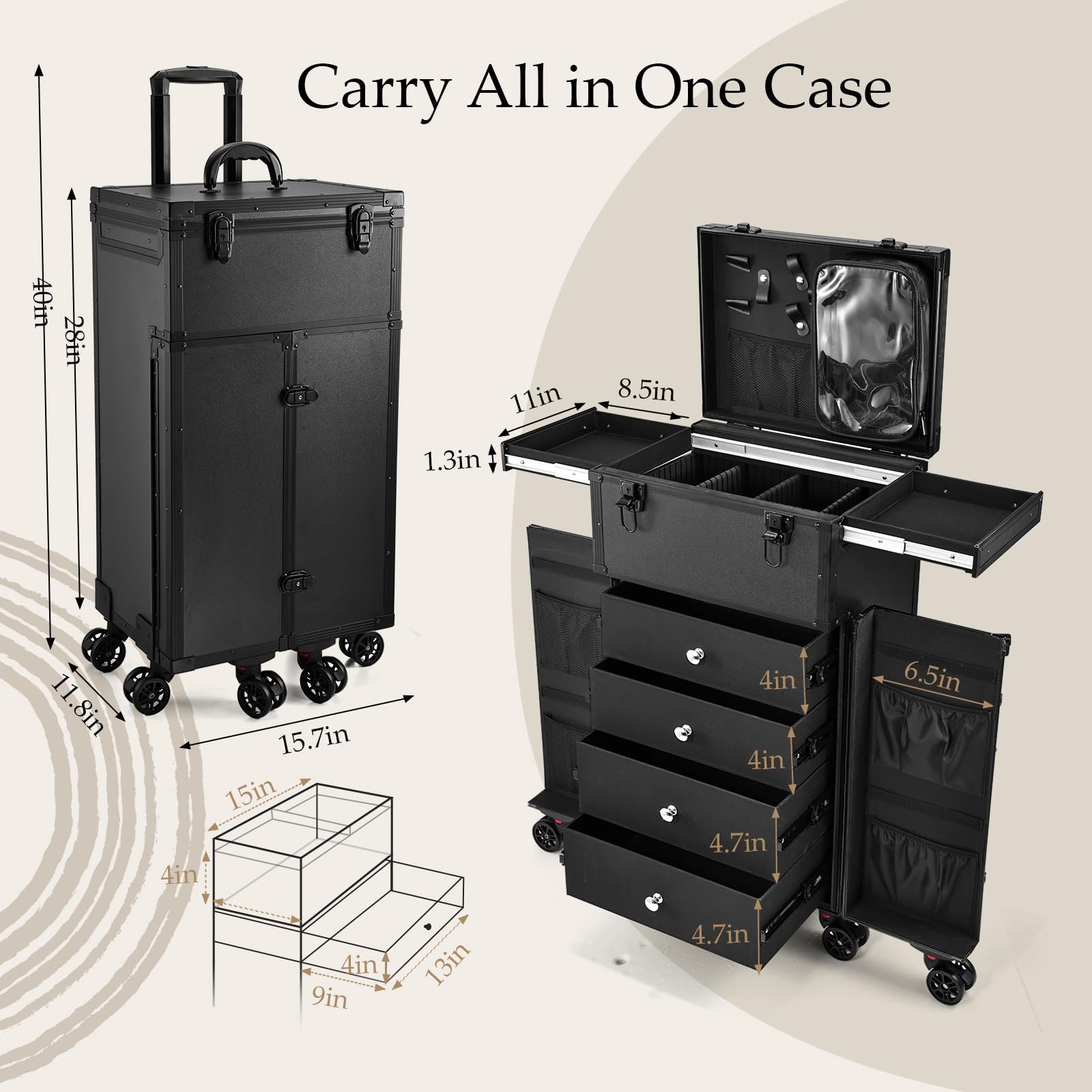 Hairstylist Travel Case Portable Make Up Station Pro Makeup Artist Cosmetic Train Case 4 Drawer Professional Rolling Makeup Case