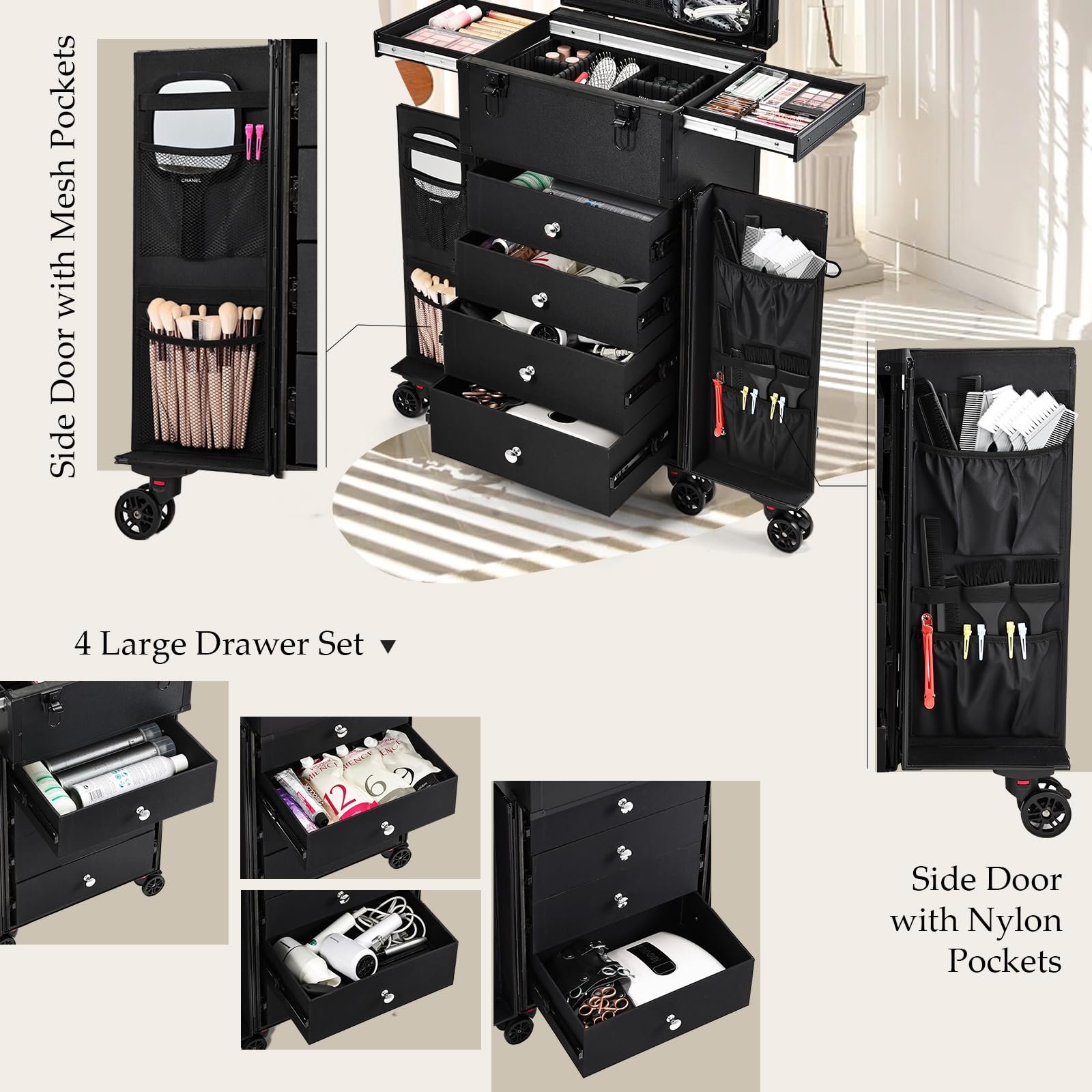 Hairstylist Travel Case Portable Make Up Station Pro Makeup Artist Cosmetic Train Case 4 Drawer Professional Rolling Makeup Case