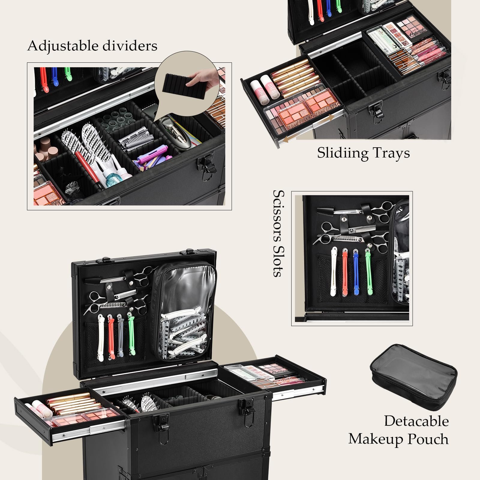 Hairstylist Travel Case Portable Make Up Station Pro Makeup Artist Cosmetic Train Case 4 Drawer Professional Rolling Makeup Case
