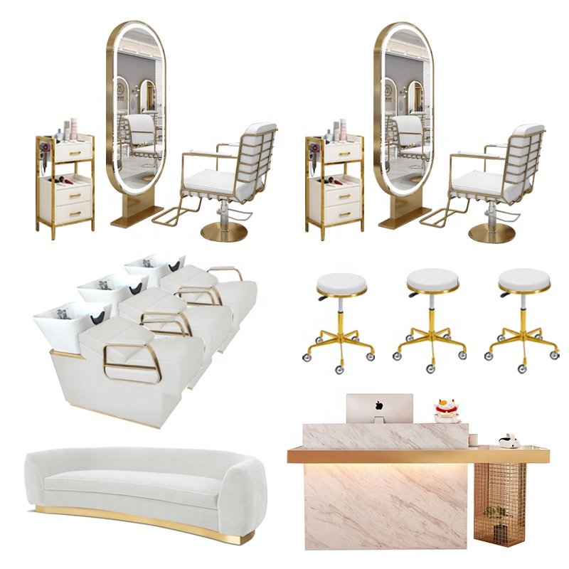 Hair salon equipment styling chair salon mirror with LED light golden trolley salon package