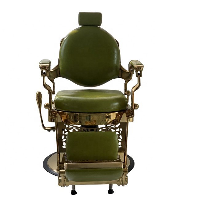 Green barber chair with vintage style Hot sale gold salon chair for barber shop Antique style beauty salon furniture