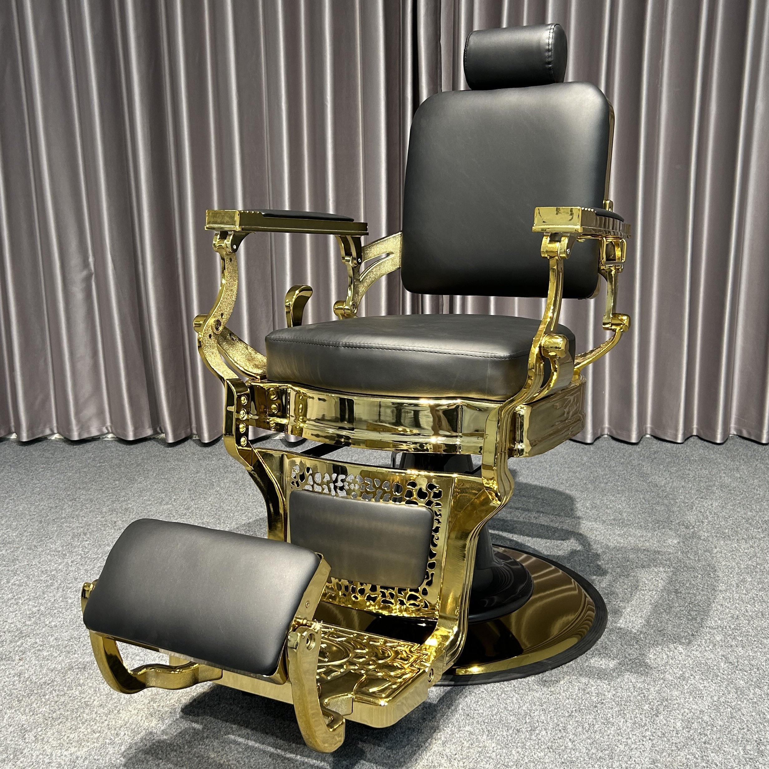Heavy-duty black and gold barber chairs with hydraulic systems modern styling chair salons using faux leather materials