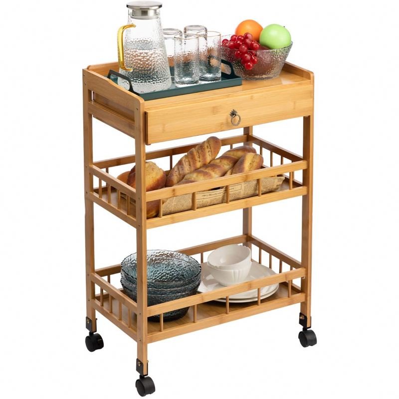 3-Tier Multifunction Movable Kitchen Bamboo Dinning Cart with Lockable Casters Wheels