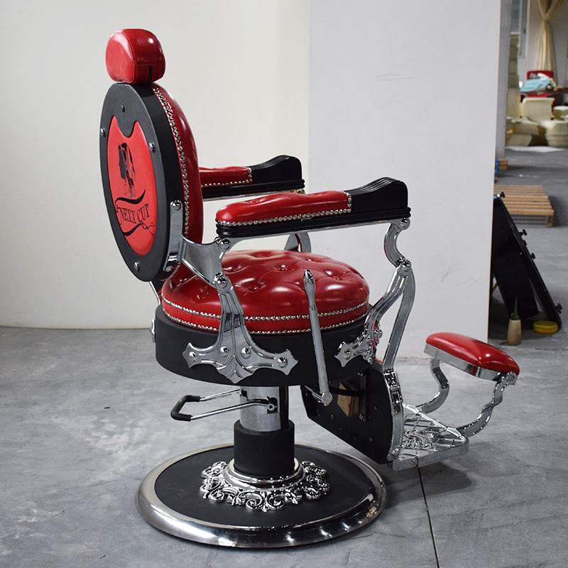 Retro style barbershop red leather styling shaving chair luxury reclining swivel barber chair for salon