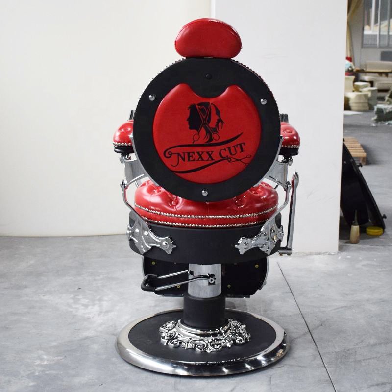 Retro style barbershop red leather styling shaving chair luxury reclining swivel barber chair for salon