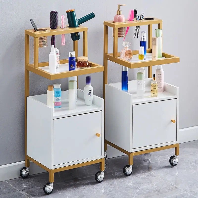 Luxury White Hair Salon Trolley Cart Movable Multi-functional Beauty Hairdressing Salon Tool Gold Trolley Salon