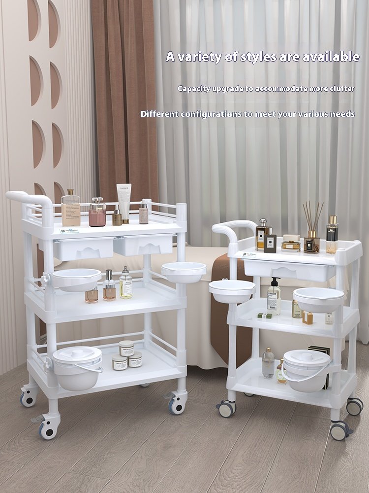 Wholesale of high-quality beauty tools by manufacturers, 3-layer handcart, two washbasins, beauty spa plastic handcart