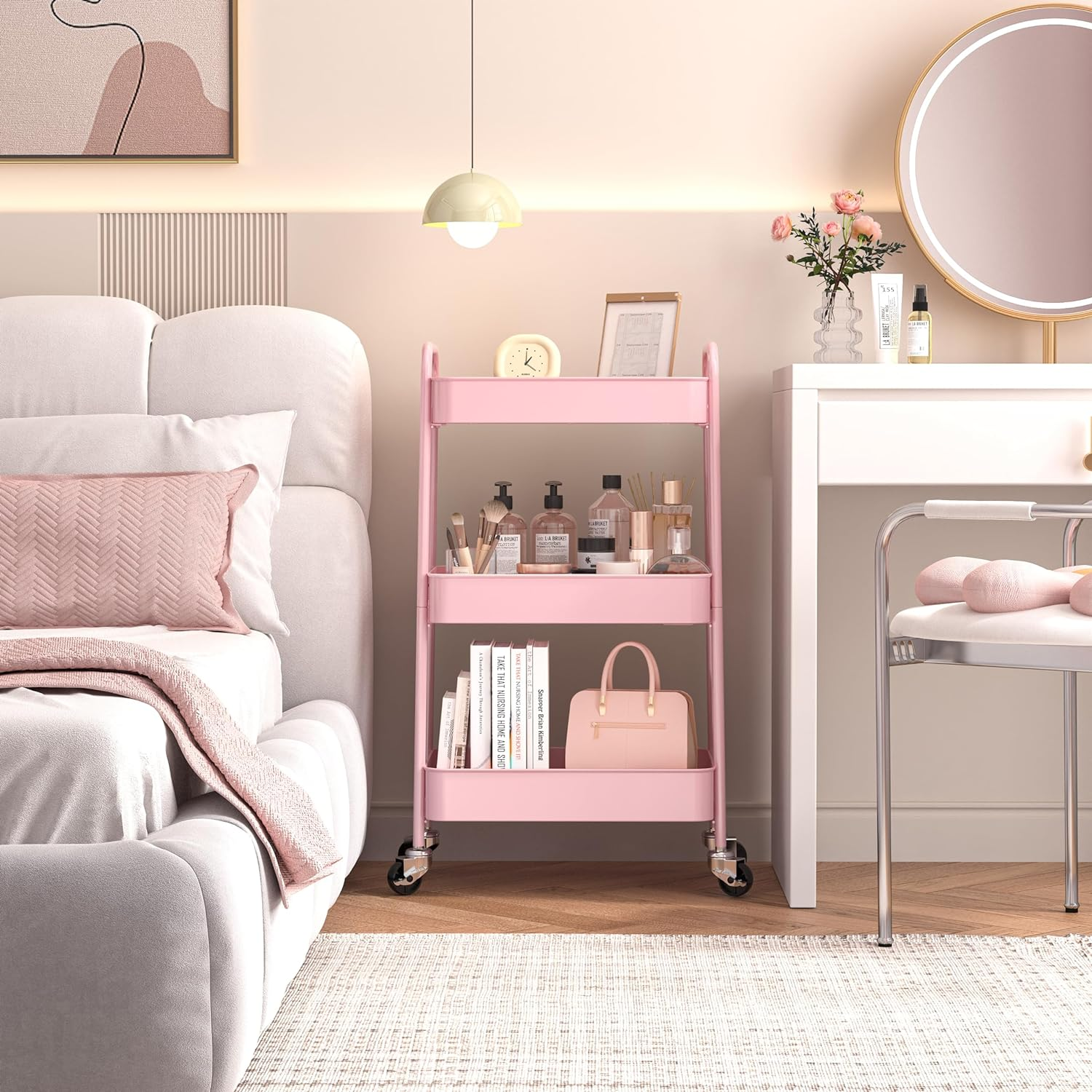 Pink Beauty Tool Cart Multifunctional Hair Salon Tool Cart Small Cart With Roller Air Duct Seat Simple And Fashionable