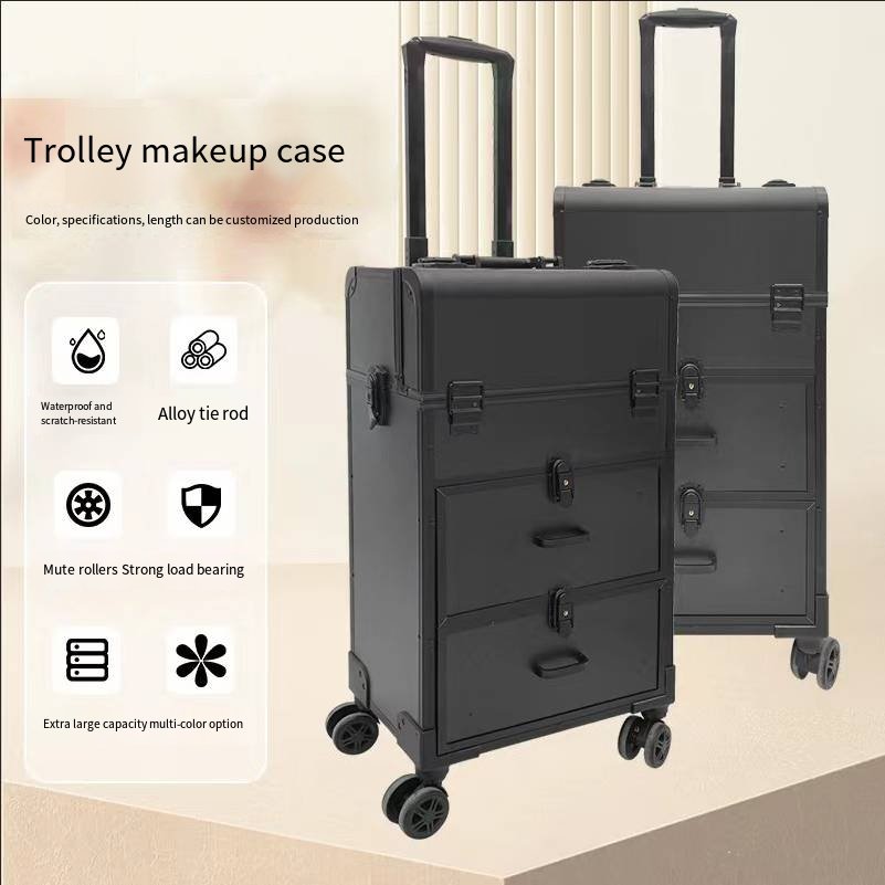 Professional aluminum Cosmetics Trolley makeup case beauty case Professional Rolling Makeup Train Case Beauty Salon