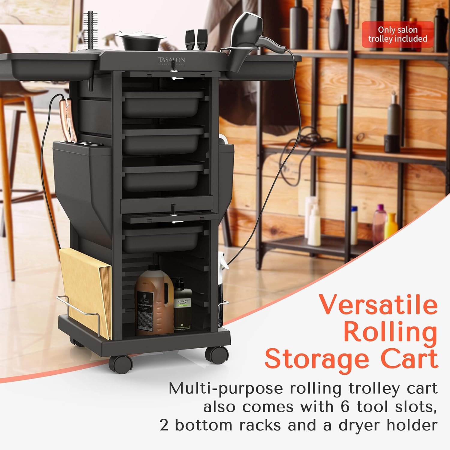 Trolley Cart for Hair Salon Station Space Saving Rolling Beauty Cart for Extra Storage Lockable 6 Trays & 2 Tray Holders