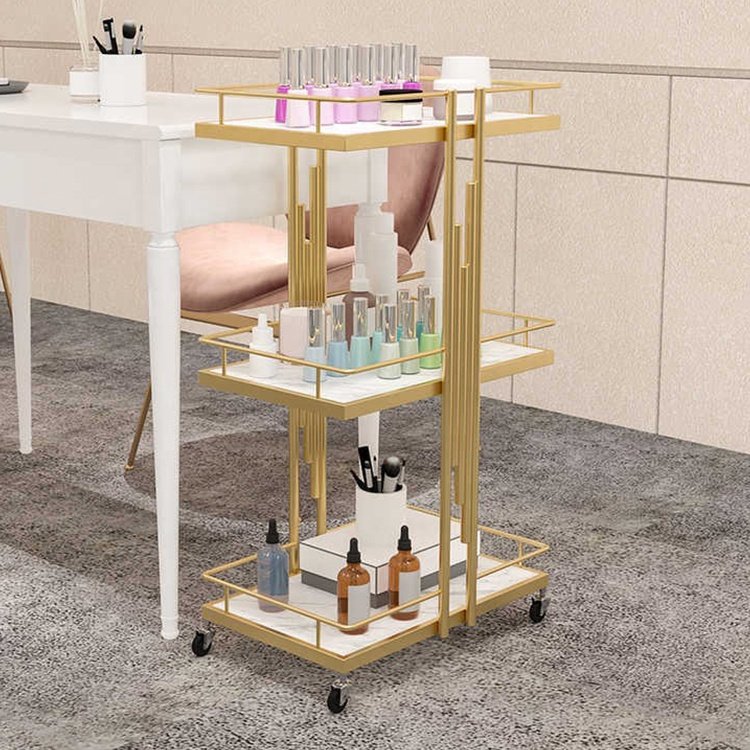 Luxury beauty hair salon small tools cart modern white golden mobile salon trolley for barbershop
