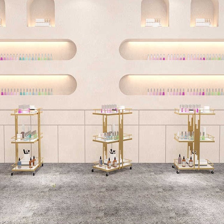Luxury beauty hair salon small tools cart modern white golden mobile salon trolley for barbershop