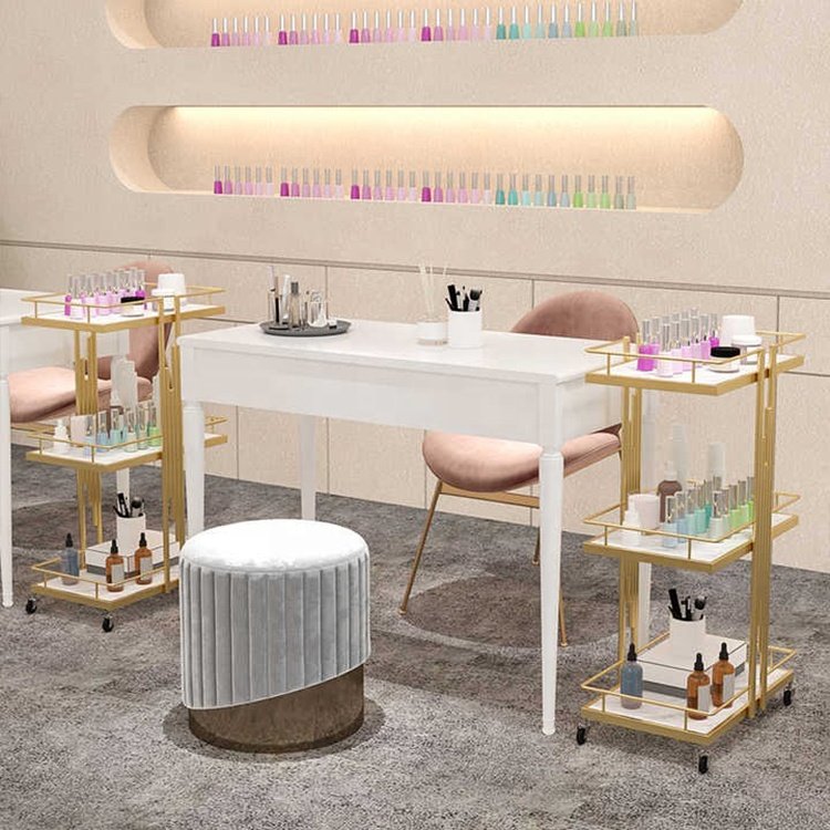 Luxury beauty hair salon small tools cart modern white golden mobile salon trolley for barbershop