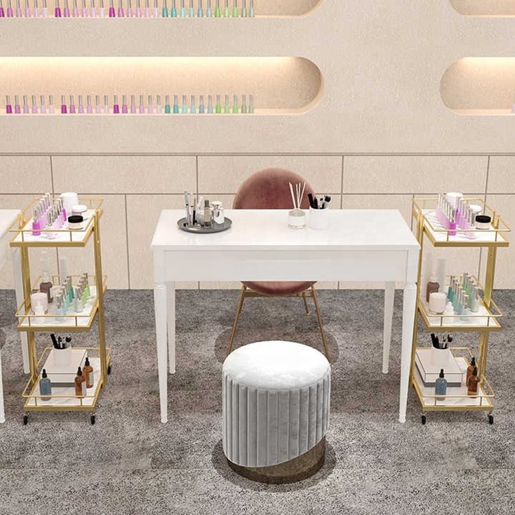 Luxury beauty hair salon small tools cart modern white golden mobile salon trolley for barbershop
