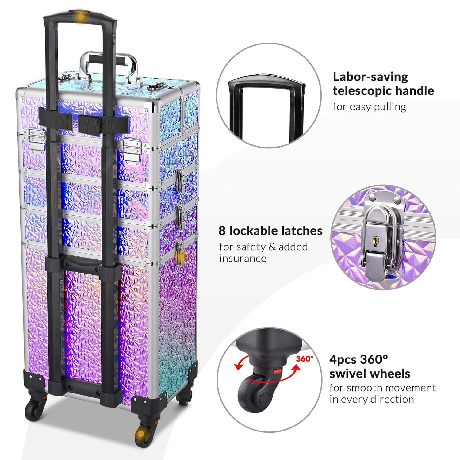 Hot Items Rolling Makeup Train Case 4 in1 Trolley Organizer Travel Case Salon Barber Cosmetic Case with Detachable Wheels