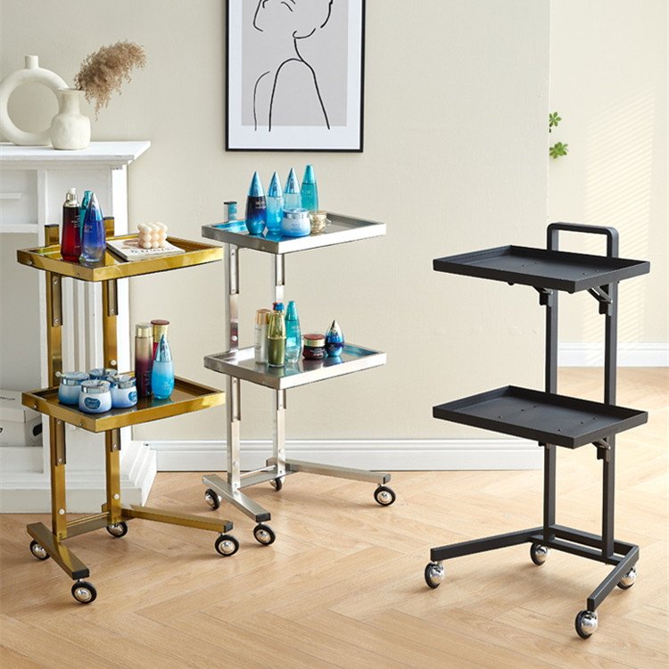 Hot Sale Foldable Special Gold And Silver Stainless Steel Mobile Rolling Hair Shop Cart Drawer Beauty Salon Trolley