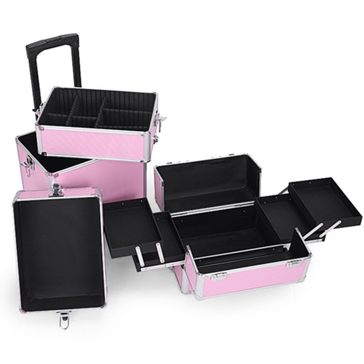 2 in 1 Rolling Makeup Train Case 4 Removable Wheels with Extra Bottom Lid Lockable Beauty Travel Cart Trolley Salon Case
