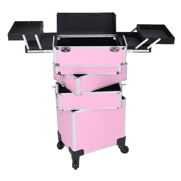 2 in 1 Rolling Makeup Train Case 4 Removable Wheels with Extra Bottom Lid Lockable Beauty Travel Cart Trolley Salon Case