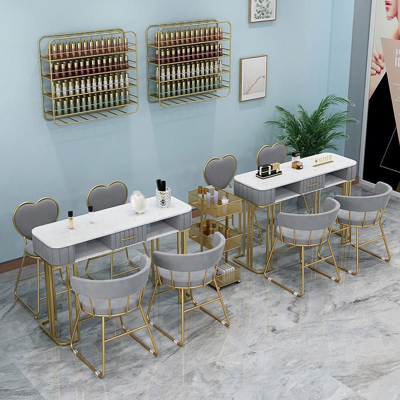 Cheap Luxury Grey Pink Professional Equipment Manicure Desk Client Table For Nail Beauty Salon Furniture Table And Chairs Sets