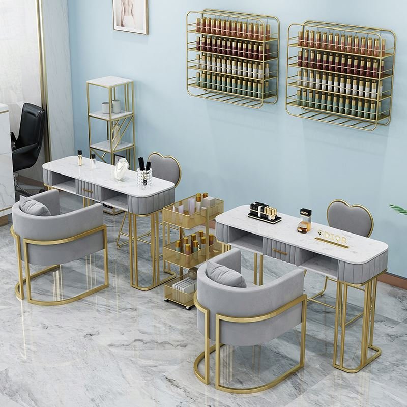 Cheap Luxury Grey Pink Professional Equipment Manicure Desk Client Table For Nail Beauty Salon Furniture Table And Chairs Sets