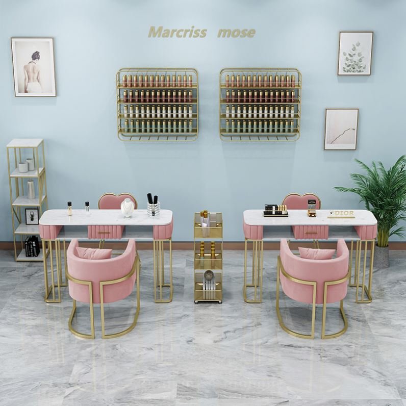 Cheap Luxury Grey Pink Professional Equipment Manicure Desk Client Table For Nail Beauty Salon Furniture Table And Chairs Sets