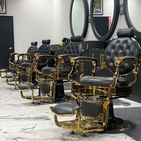 Hot Selling Salon Furniture Gold Frame And Black Leather Heavy Duty Vintage Barber Chair For Barbershop