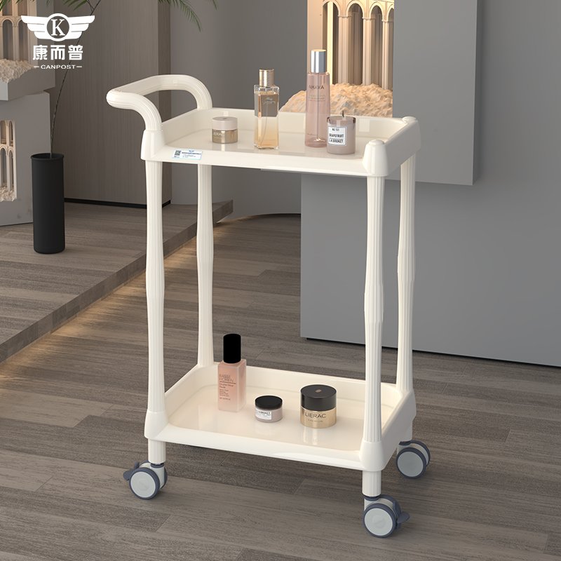 The new simple design all-rounder Handrail Multi-layer storage plastic beauty trolley is suitable for spas and beauty salons