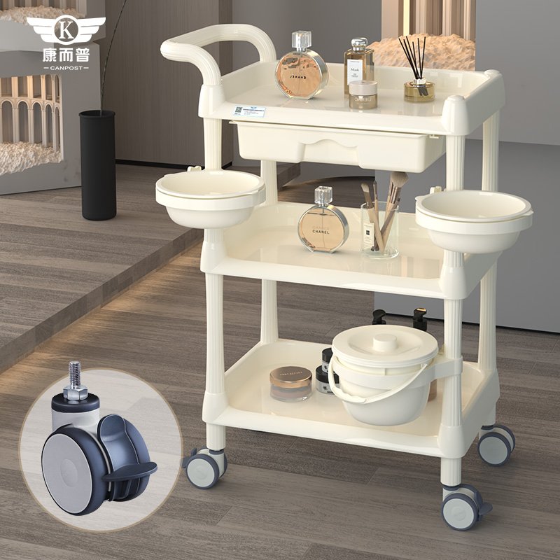 The new simple design all-rounder Handrail Multi-layer storage plastic beauty trolley is suitable for spas and beauty salons
