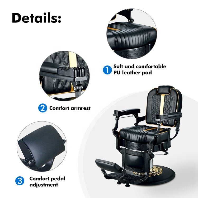 QingMu Custom Durable black and gold hair salon chair wholesale luxury vintage barber chair for hair salon