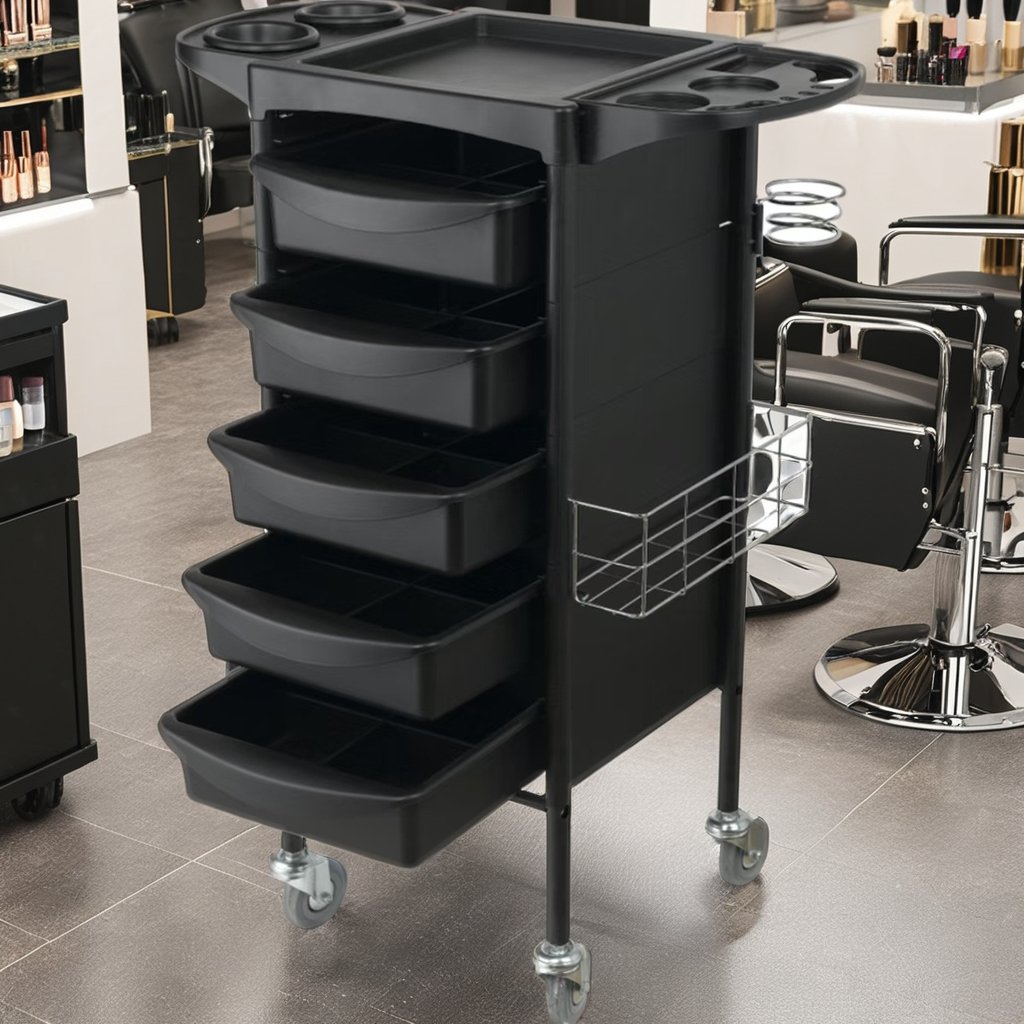 High Quality Black ABS Plastic Salon Equipment Trolley Portable and Durable with Drawer and Case Good Price for Barbershops