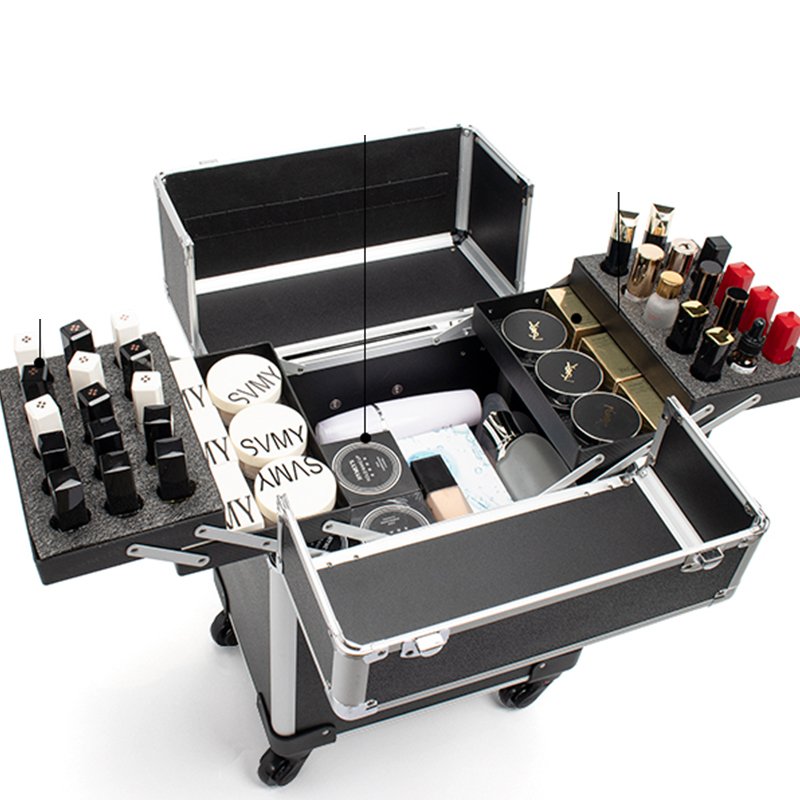 Cosmetic Train Case On Wheels Large Capacity Makeup Trolley Salon Barber 3 In 1 Rolling Makeup Case