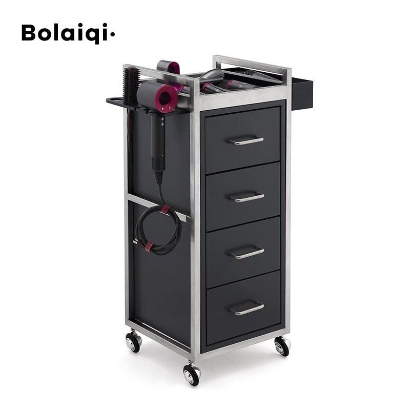 BOLAIQI Beauty Salon Furniture Hair Cutting Working Trolley Black Wooden Salon Trolley