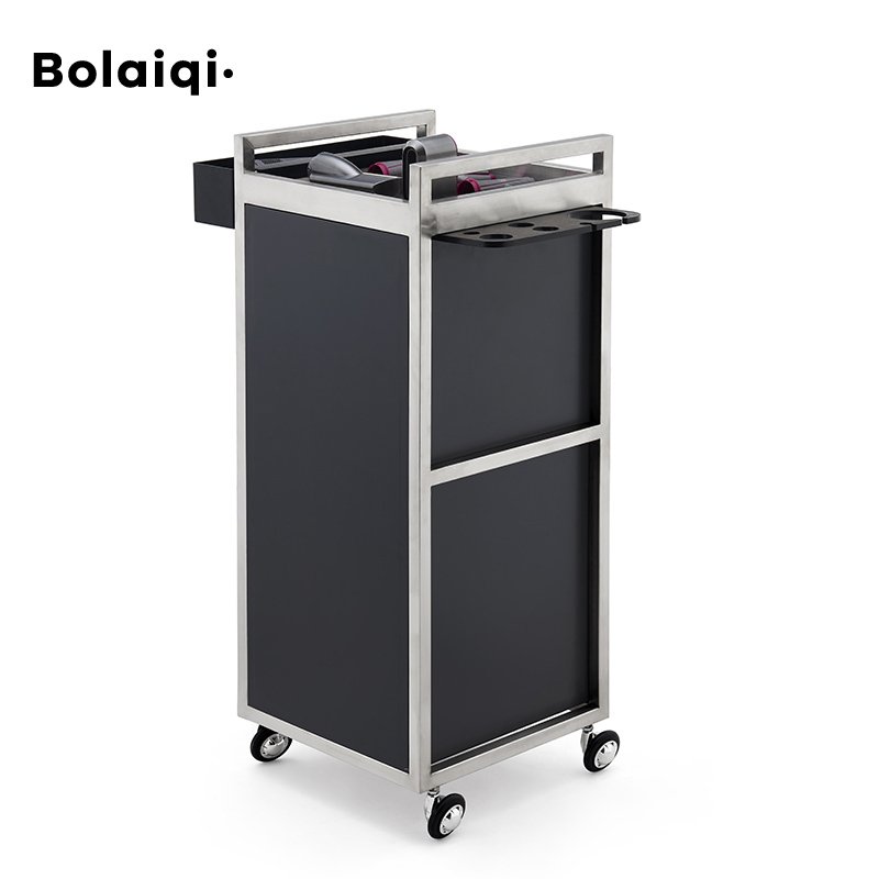 BOLAIQI Beauty Salon Furniture Hair Cutting Working Trolley Black Wooden Salon Trolley