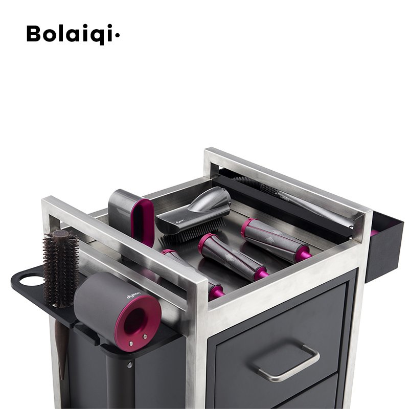 BOLAIQI Beauty Salon Furniture Hair Cutting Working Trolley Black Wooden Salon Trolley