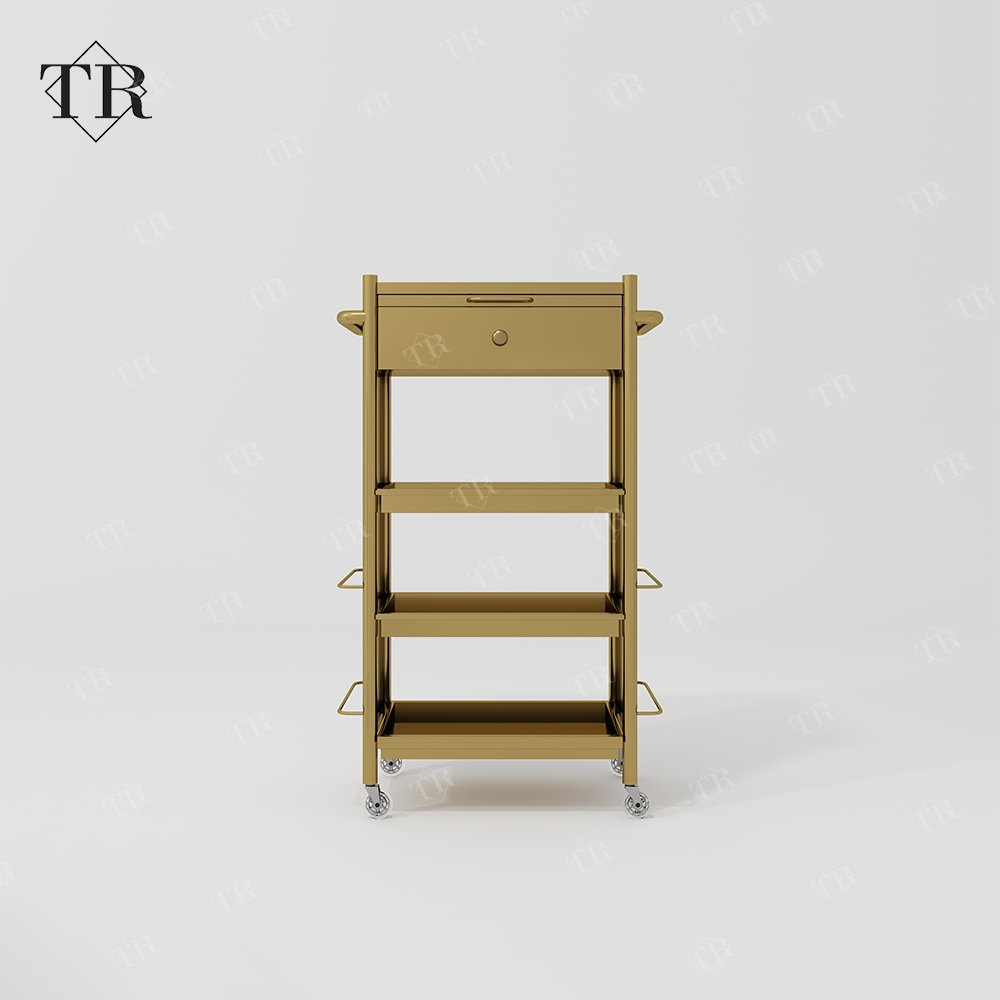 Turri Makeup Trolley Cart Stainless Steel Metal Gold Plated Salon Barber Trolley With Directional Wheels For Lash Beauty