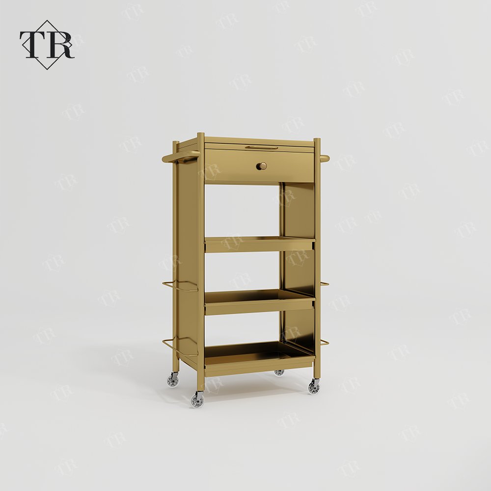Turri Makeup Trolley Cart Stainless Steel Metal Gold Plated Salon Barber Trolley With Directional Wheels For Lash Beauty
