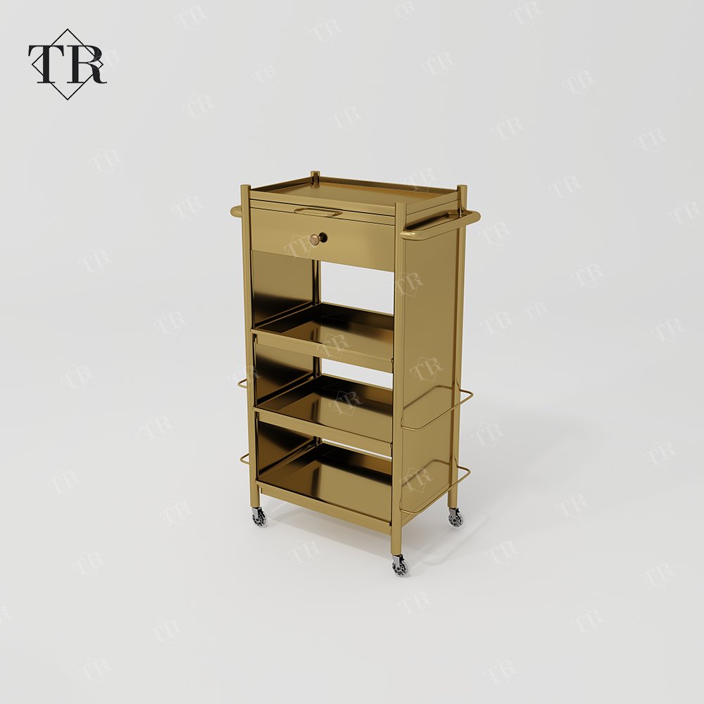 Turri Makeup Trolley Cart Stainless Steel Metal Gold Plated Salon Barber Trolley With Directional Wheels For Lash Beauty