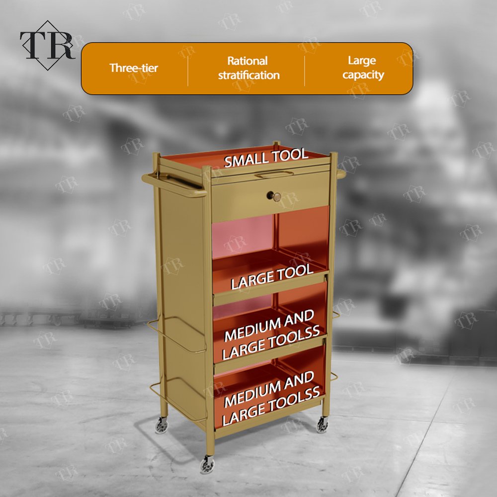 Turri Makeup Trolley Cart Stainless Steel Metal Gold Plated Salon Barber Trolley With Directional Wheels For Lash Beauty