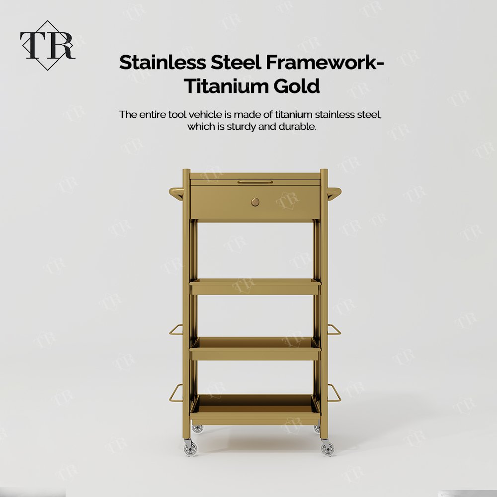 Turri Makeup Trolley Cart Stainless Steel Metal Gold Plated Salon Barber Trolley With Directional Wheels For Lash Beauty