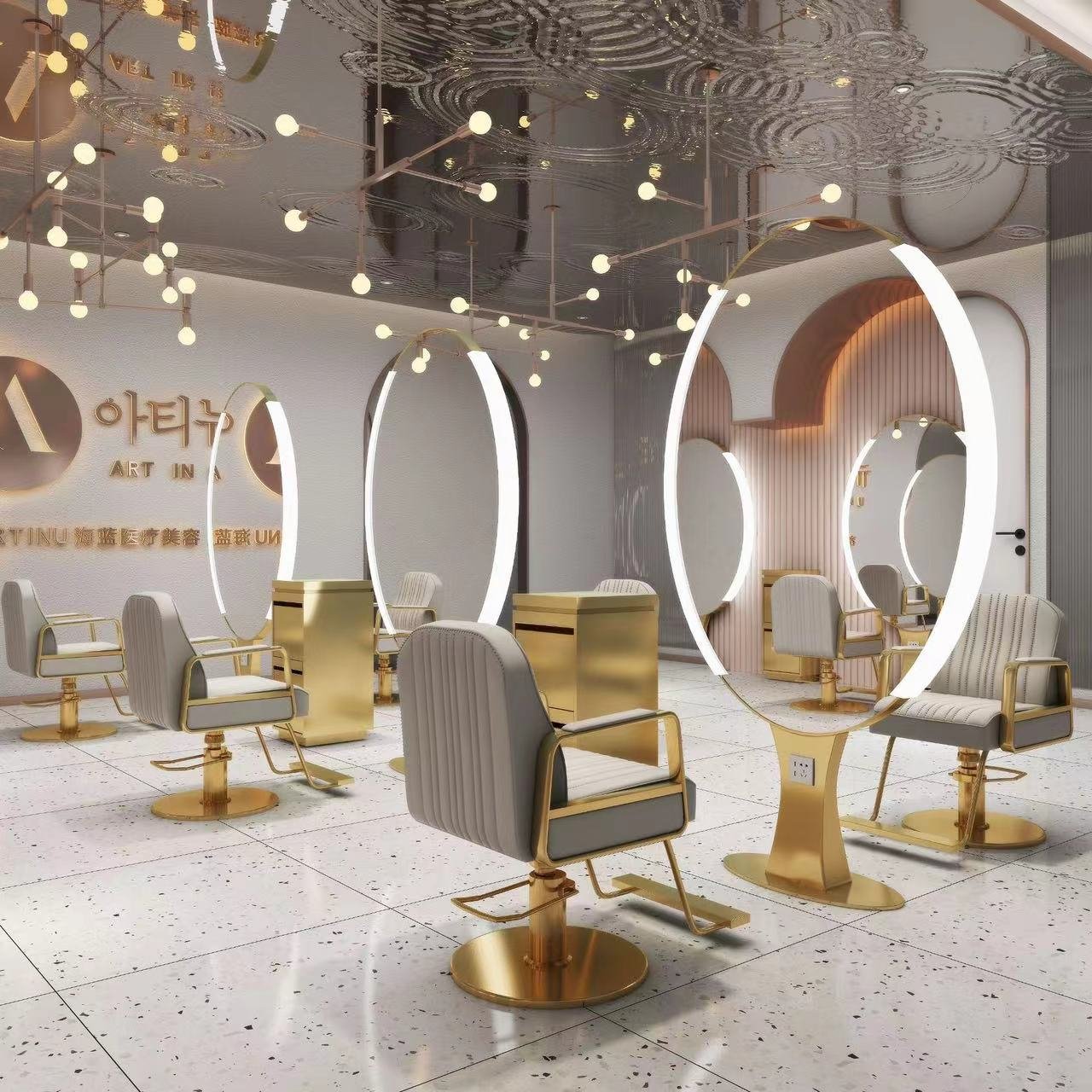 Diant high quality salon furniture gold frame double side salon mirrors station styling mirror barber shop mirror with charger